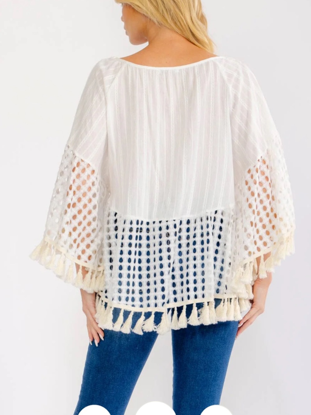 SD6- OFF WHITE Boho Gold Accent Beaded Crochet Tassel Tunic Top - Picture 3 of 3